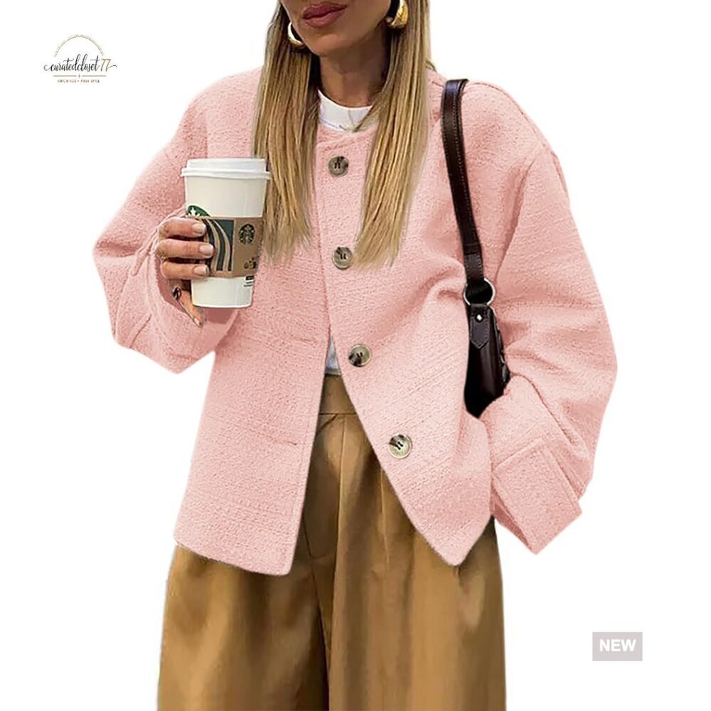 Tweed Cropped Blazer Long Sleeve Button Down with Pockets for Women